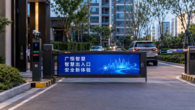 广告道闸在小区和停车场入口的应用场景，搭配车牌识别一体机和智慧停车系统