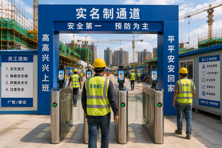 智慧工地实名制系统，工人通过人脸识别实名制通道进出施工现场